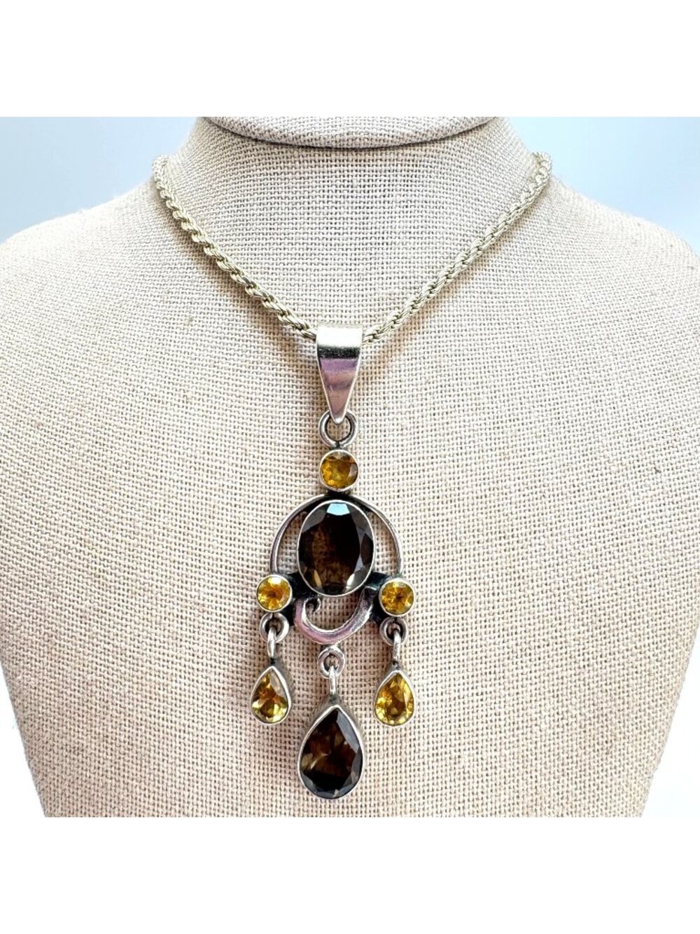 Smoky Quartz & Citrine Sterling Silver 925 Lavalier Pendant 30" Rope Chain